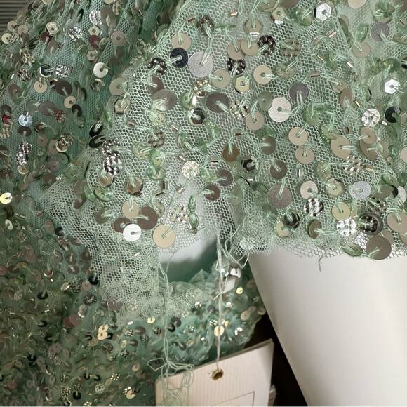 Mac Duggal Sequined Faux Wrap Ruffle Cap Sleeve Gown Seafoam 70113 Women’s Sz 14 - Picture 10 of 12